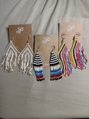 Plunder Beaded Fringe Earrings Trio - White, Multicolor & Striped
